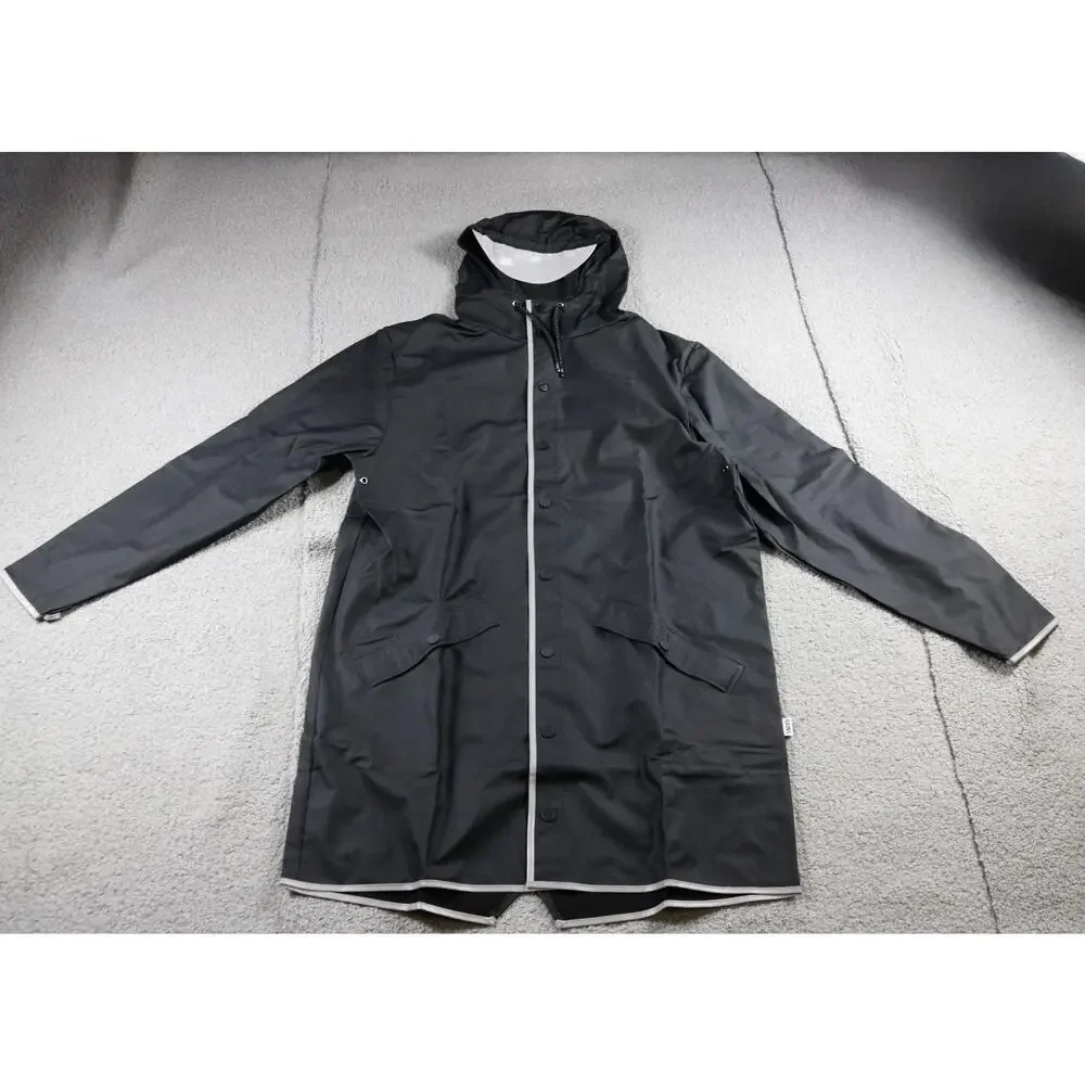 New Rains Raincoat Long Jacket Hood Womens XL Black Reflective Trim
